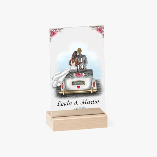 Just Married personalisierte Acrylglasplatte mit Holzstand